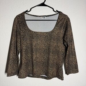 Vintage Paul Harris Design Blosue Top Womens Tan Black Leopard Print Square Neck